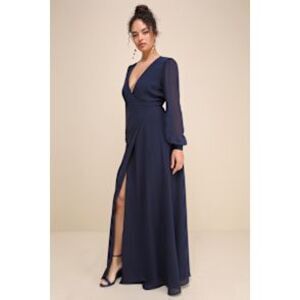 Lulus Elegant Navy Long Sleeve V-Neck Maxi Dress
